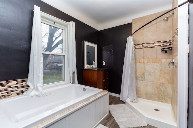 bathroom featuring a shower with curtain, plenty of natural light, vanity, and wood-type flooring