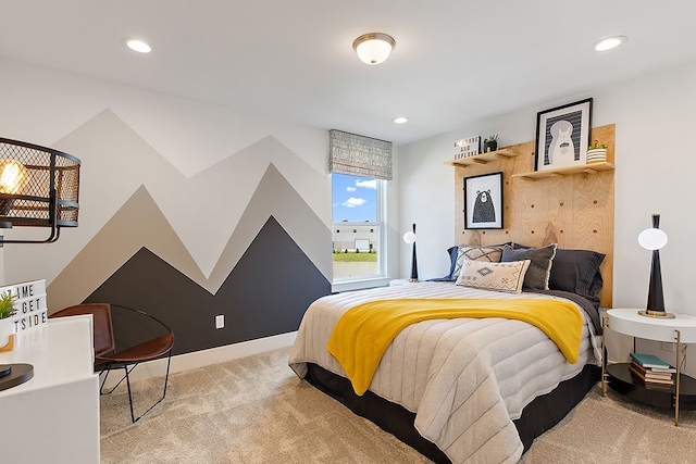 bedroom featuring light carpet