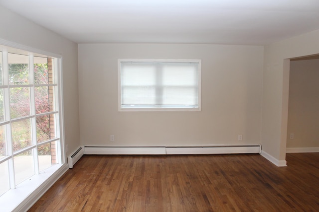 unfurnished room with dark hardwood / wood-style floors, baseboard heating, and a wealth of natural light