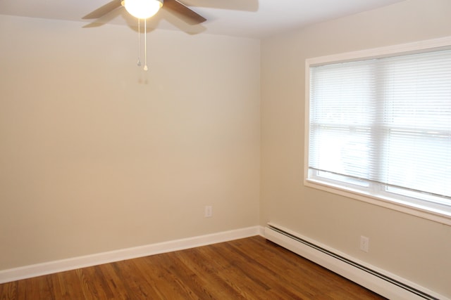 empty room with hardwood / wood-style floors, ceiling fan, and a baseboard radiator