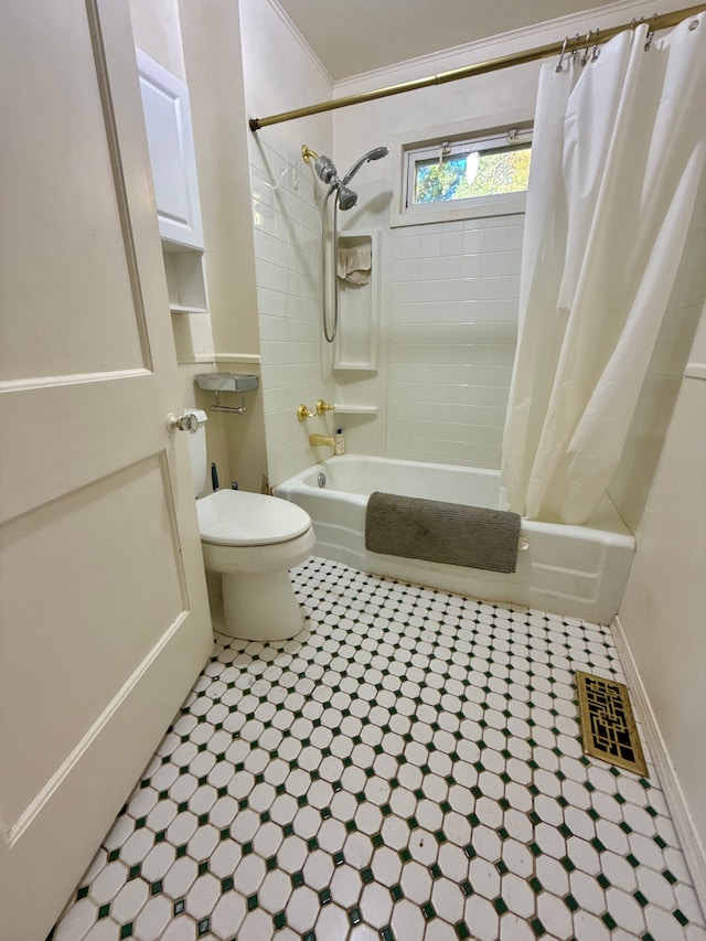 bathroom with shower / bath combination with curtain, toilet, and crown molding