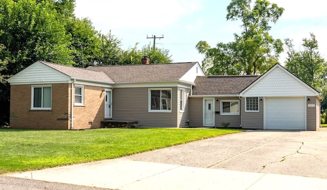 single story home with a front yard and a garage