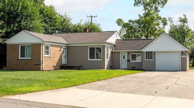 single story home with a front yard and a garage