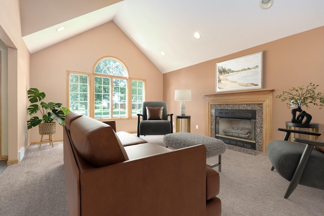 carpeted living room featuring lofted ceiling and a fireplace