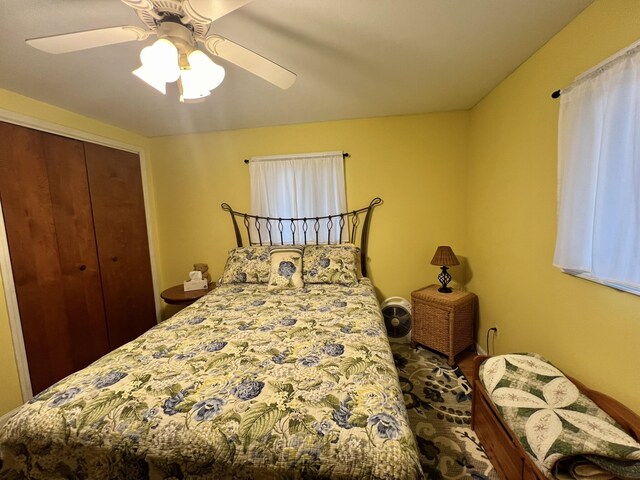 5376 Circle Dr, Reading, MI 49274 - bedroom featuring a ceiling fan, wood finished floors, and a closet