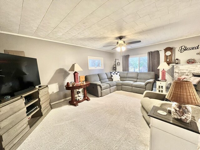 5376 Circle Dr, Reading, MI 49274 - living room with crown molding, carpet, and ceiling fan