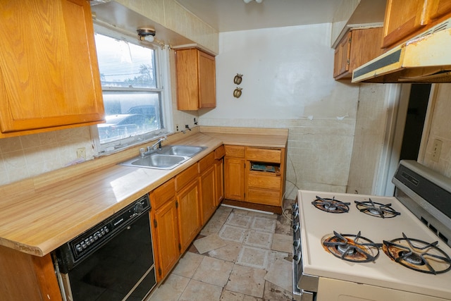 kitchen featuring black dishwasher, white gas stove, and sink