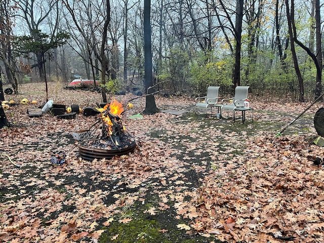 view of yard featuring an outdoor fire pit