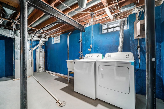 laundry area with heating unit, washing machine and dryer, sink, and water heater