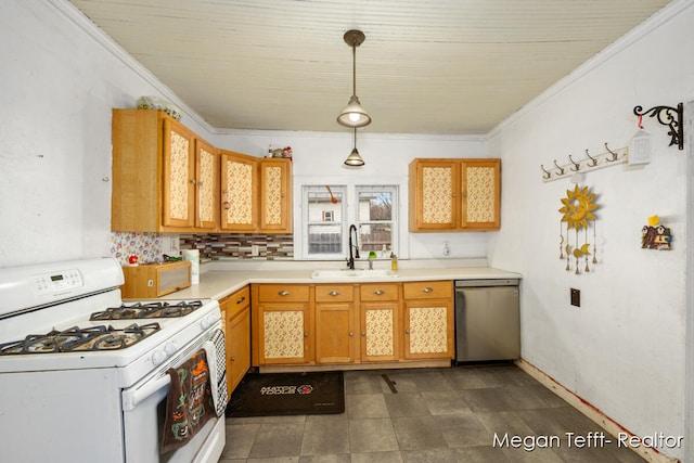 kitchen featuring decorative backsplash, stainless steel dishwasher, white range with gas cooktop, sink, and hanging light fixtures