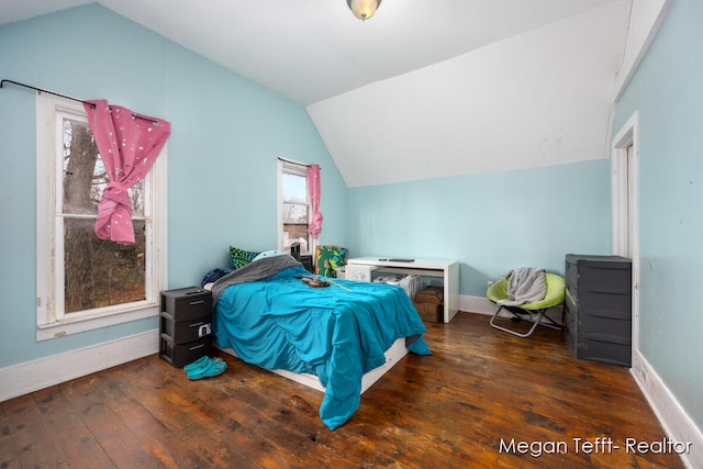 bedroom featuring lofted ceiling and dark wood-type flooring