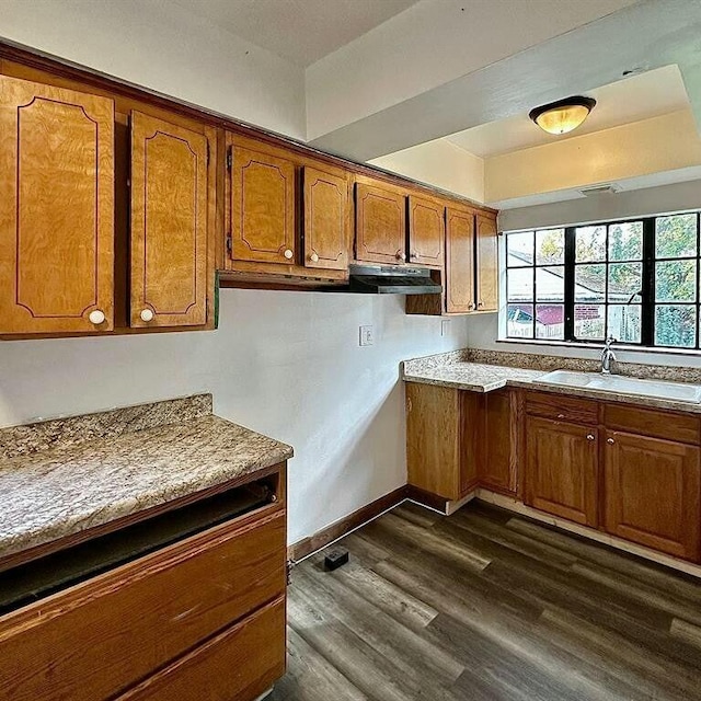 10728 Worden St, Detroit, MI 48224 - kitchen with brown cabinets, a sink, dark wood-style floors, baseboards, and light countertops