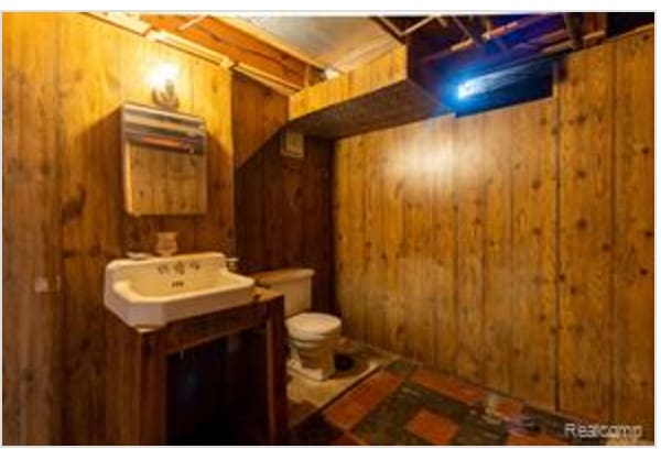 bathroom featuring toilet, wooden walls, and sink