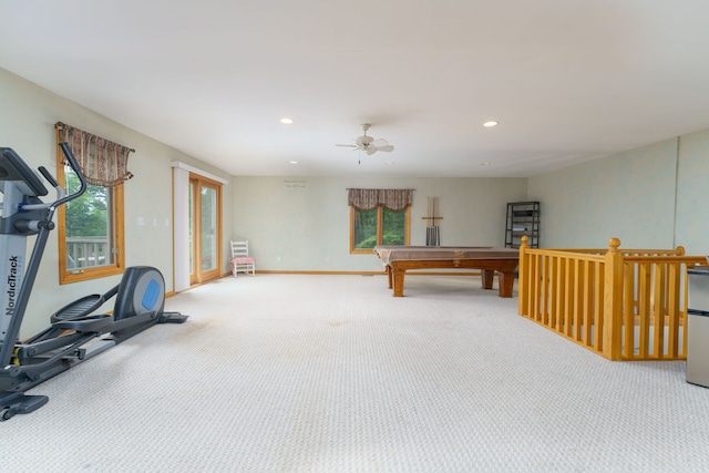 game room with carpet flooring, ceiling fan, and billiards