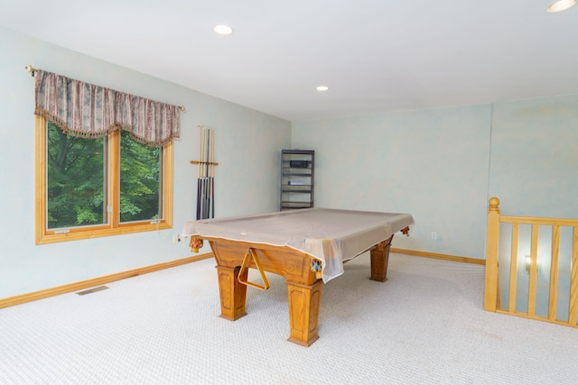 game room with light colored carpet and billiards