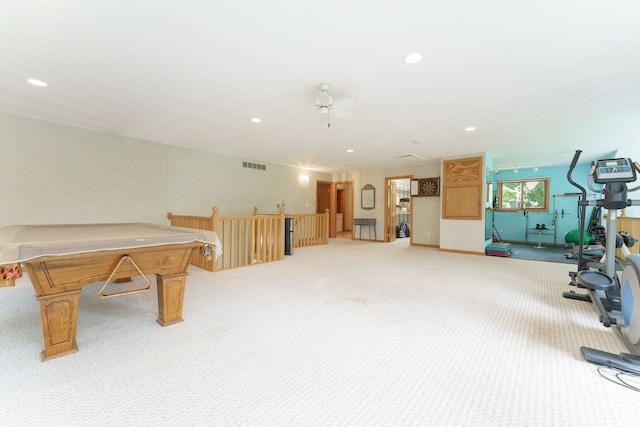 recreation room featuring ceiling fan, light carpet, and pool table