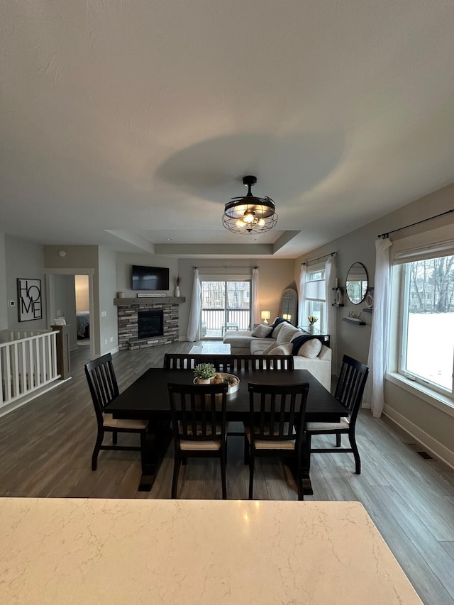 dining space with wood-type flooring, a stone fireplace, and a wealth of natural light