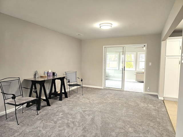 sitting room featuring light colored carpet and heating unit