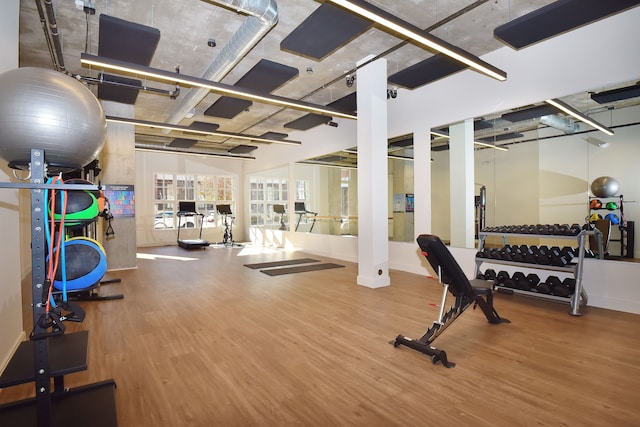 exercise room with hardwood / wood-style floors