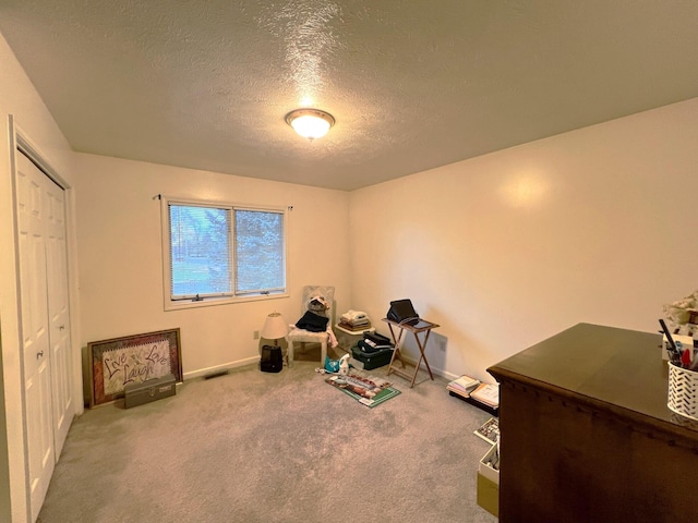 miscellaneous room featuring carpet flooring and a textured ceiling