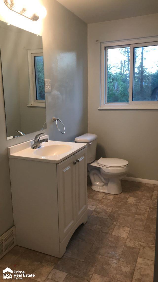 6223 Cypress Dr, Mount Morris, MI 48458 - half bath featuring healthy amount of natural light, vanity, toilet, and stone finish floors