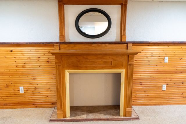 details with carpet floors and wooden walls