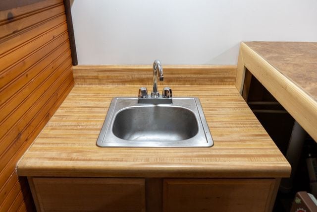 details with wooden walls and sink