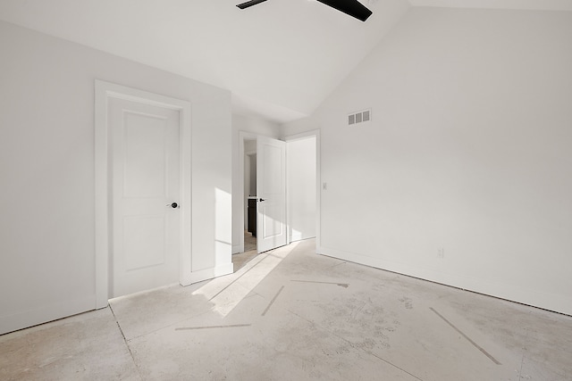 unfurnished bedroom featuring ceiling fan and lofted ceiling