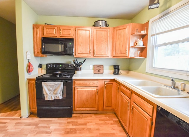 kitchen featuring light hardwood / wood-style flooring, black appliances, and sink