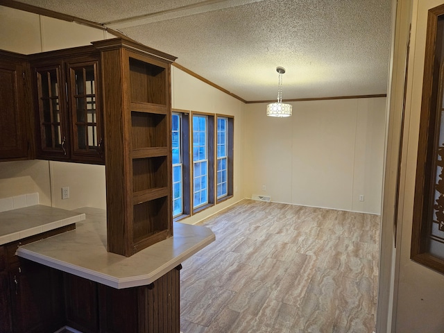 interior space featuring vaulted ceiling, ornamental molding, a textured ceiling, light hardwood / wood-style floors, and dark brown cabinetry