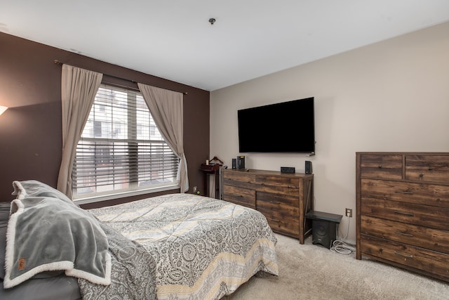 bedroom with light carpet