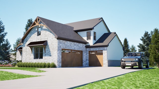 view of front of property featuring concrete driveway, stone siding, a front lawn, and an attached garage