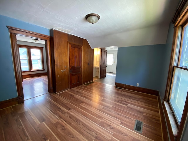 spare room featuring lofted ceiling, plenty of natural light, and dark hardwood / wood-style floors