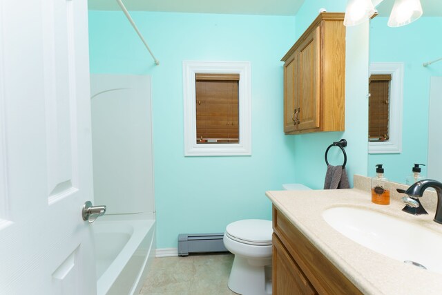 full bathroom with tub / shower combination, vanity, a baseboard radiator, tile patterned flooring, and toilet