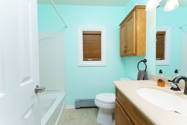 full bathroom with toilet, baseboard heating, vanity, and tub / shower combination