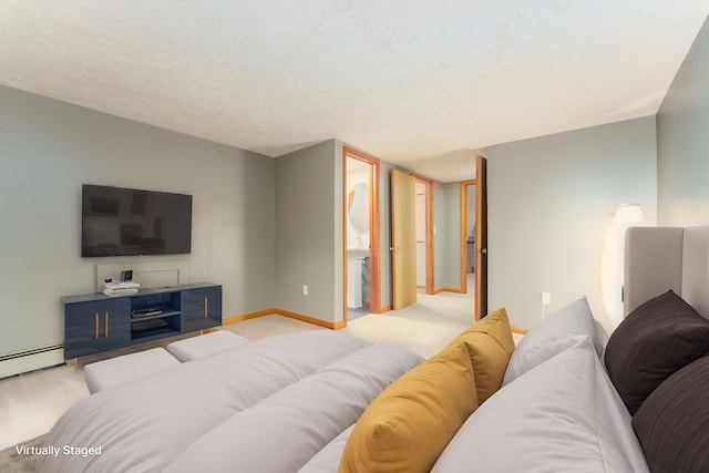 771 Hurley Dr, Howell, MI 48843 - living area featuring light colored carpet, a baseboard radiator, and baseboards