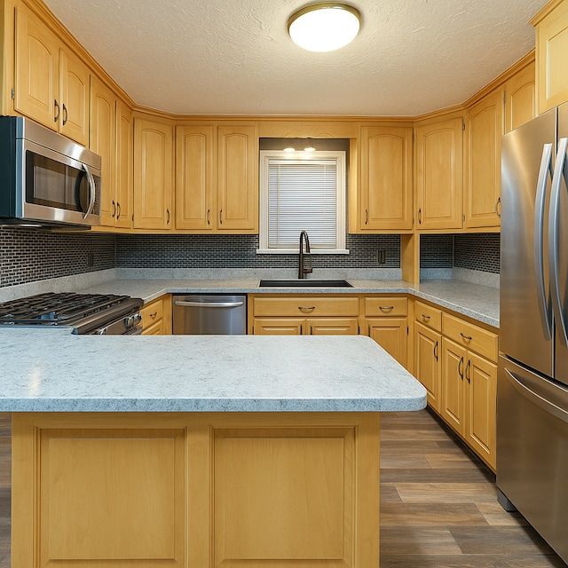 771 Hurley Dr, Howell, MI 48843 - kitchen featuring stainless steel appliances, a sink, dark wood finished floors, a textured ceiling, and light countertops