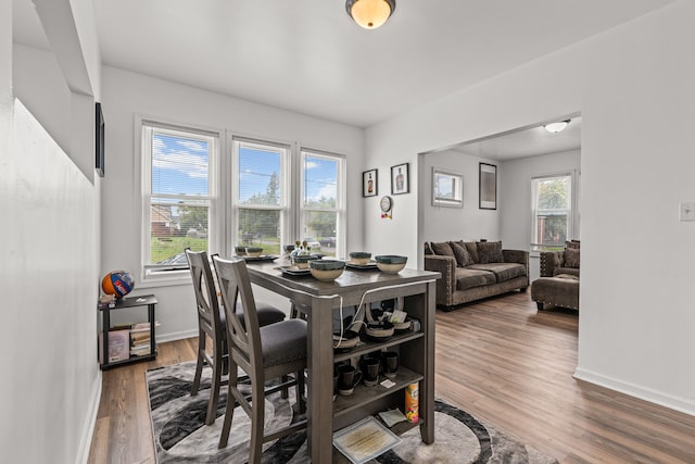 dining space with hardwood / wood-style flooring