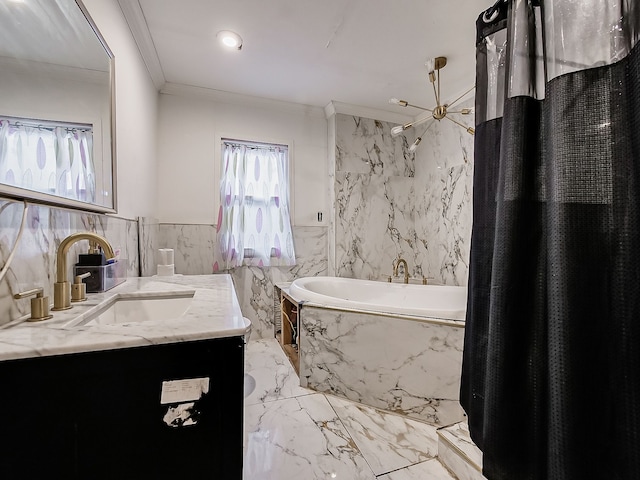 bathroom featuring vanity, crown molding, independent shower and bath, and tile walls