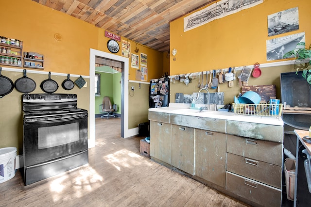 kitchen with sink, light hardwood / wood-style flooring, black range with electric stovetop, and wood ceiling