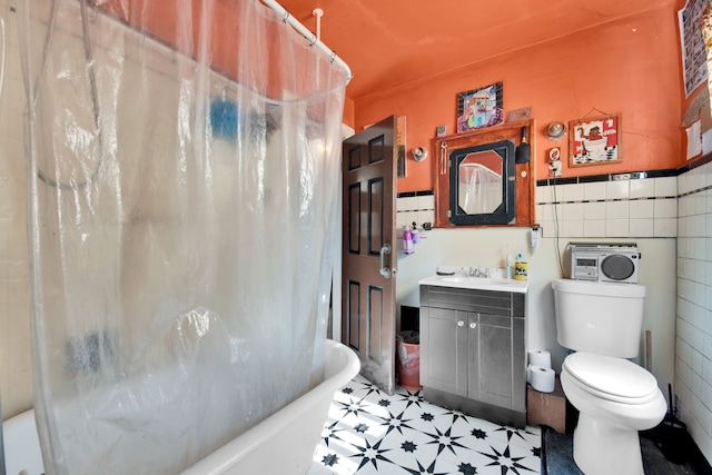 full bathroom with toilet, tile walls, independent shower and bath, and sink