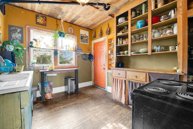 kitchen featuring electric range, sink, wooden ceiling, and hardwood / wood-style flooring