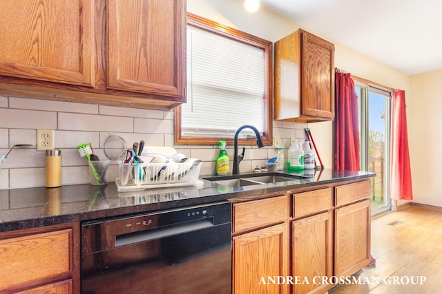 kitchen with dishwasher, backsplash, light hardwood / wood-style floors, and sink