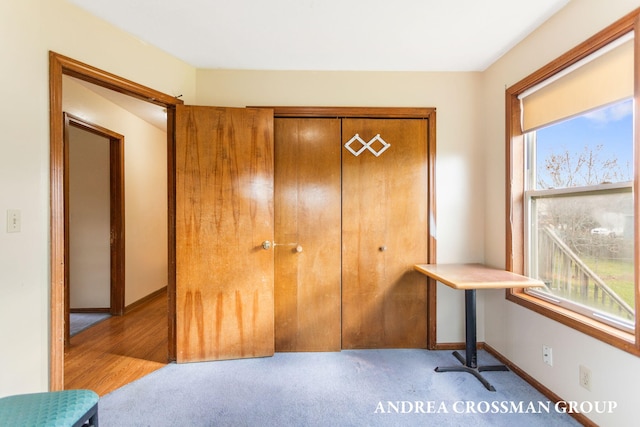 bedroom with light hardwood / wood-style flooring and a closet