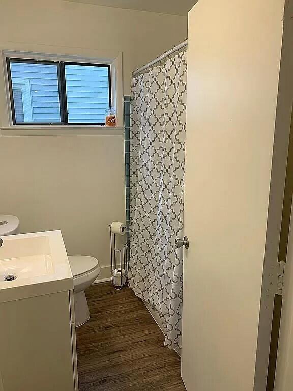 bathroom featuring hardwood / wood-style flooring, vanity, and toilet