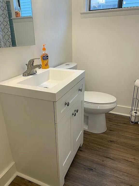 bathroom featuring vanity, toilet, and wood-type flooring