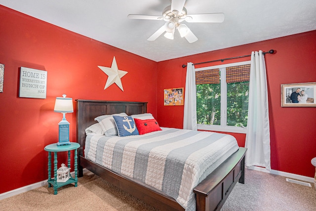 bedroom featuring carpet floors and ceiling fan