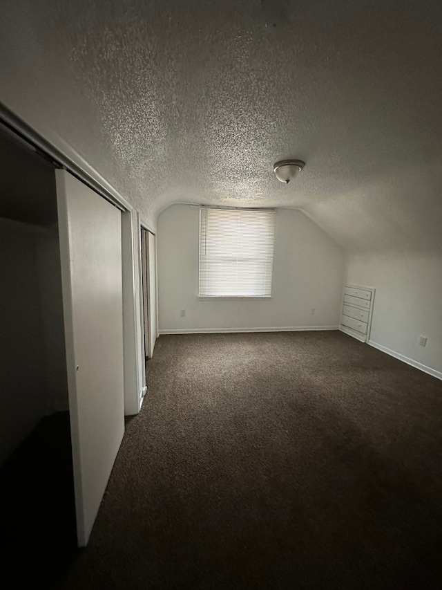 bonus room featuring vaulted ceiling, a textured ceiling, and dark colored carpet