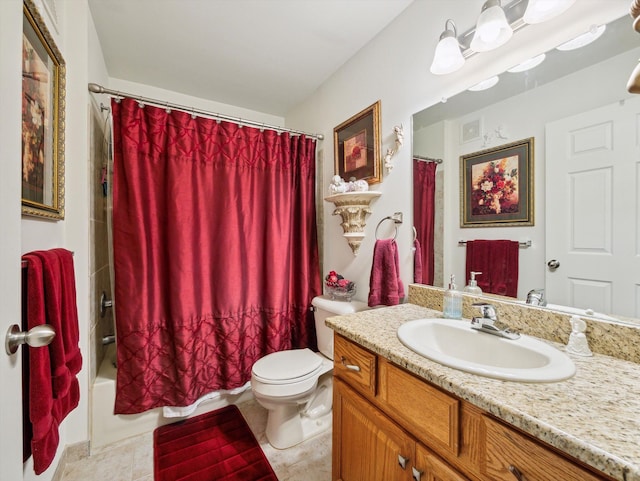 full bathroom featuring tile patterned flooring, shower / bath combo, vanity, and toilet