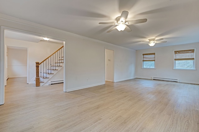 unfurnished room with light wood-type flooring, a baseboard radiator, ceiling fan, and crown molding